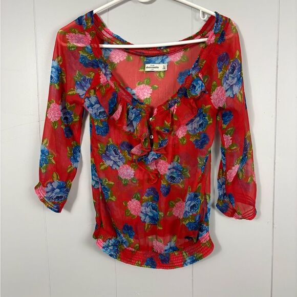 abercrombie kids Other - Abercrombie Kids Y2K Red Floral Sheer Stretch Ruffle Top XL Preppy Cute Vintage